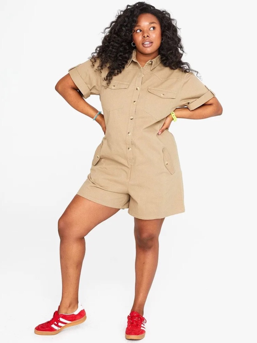 Clare V NWT Utility Button-Front Women's Shorts Romper in Khaki